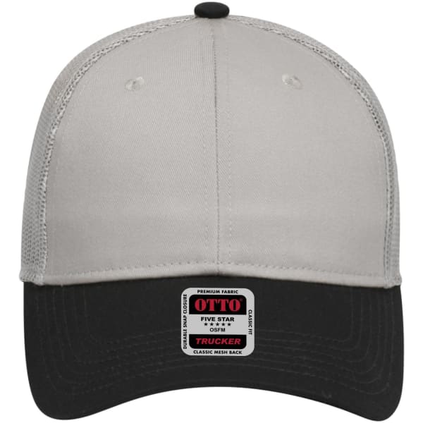 A low-profile trucker cap in grey and black, featuring a branded logo and mesh back.