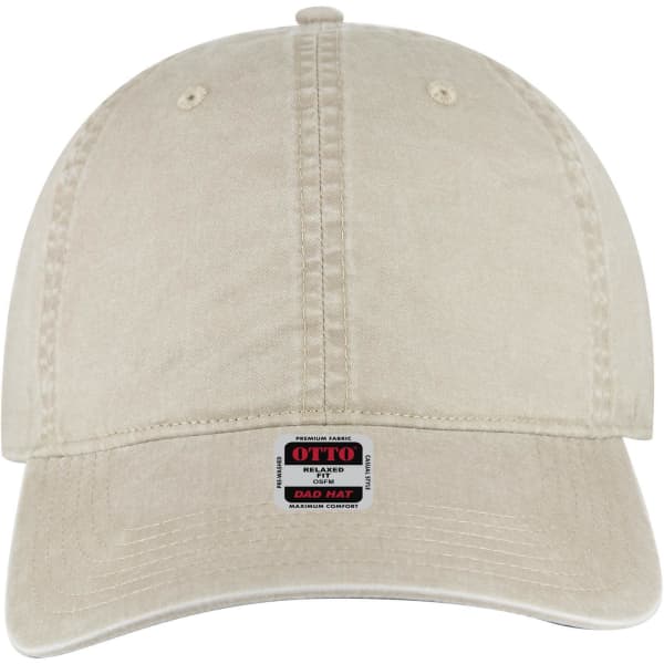 A beige 6-panel low profile dad cap featuring a logo on the front and a curved peak.