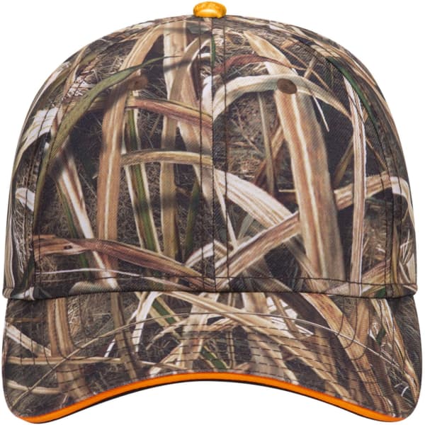 A low-profile baseball cap featuring a camo pattern in various shades of brown and green, with an orange accent.