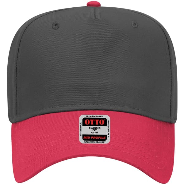 A 5 Panel Mid Crown Baseball Cap featuring a grey top and red brim, with a logo on the front.