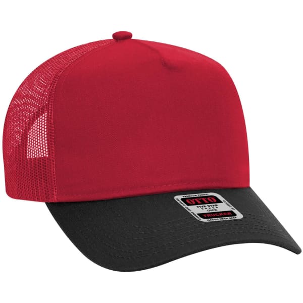 A red and black 5 Panel Mid Profile Trucker Cap with a mesh back and a branded tag on the front.