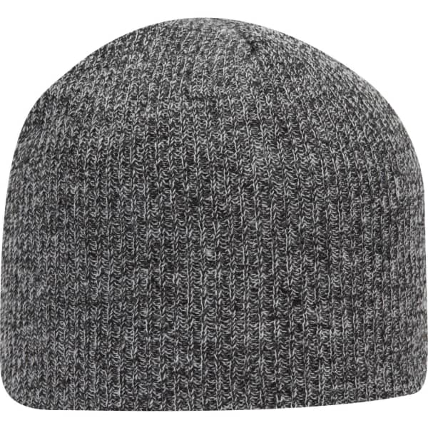 A grey rib knit beanie with a rounded top and subtle textured pattern. Features a branding logo.