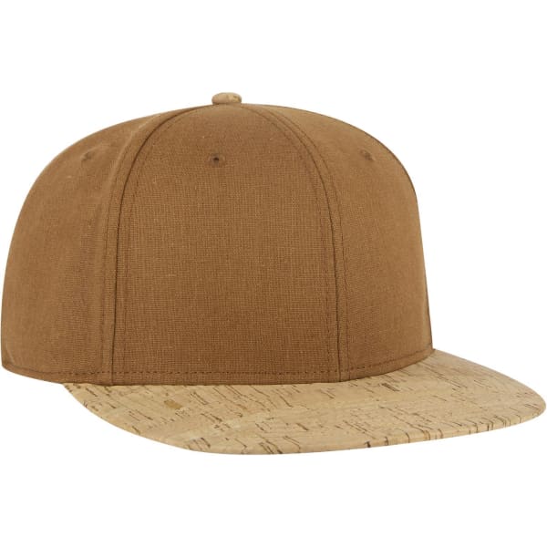 A brown snapback cap with a cork-patterned brim and a rounded top, featuring a logo on the front.