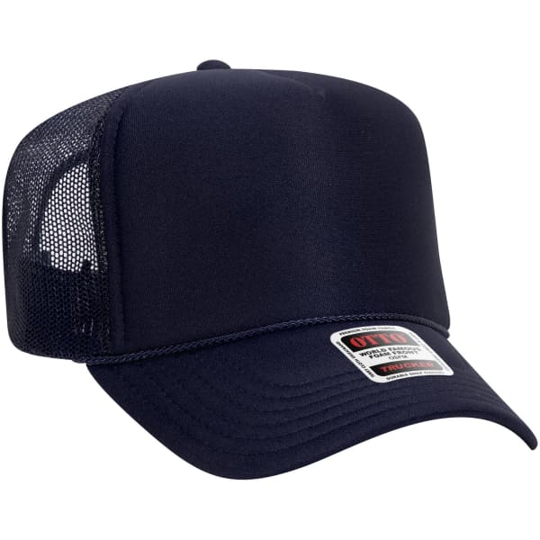 A dark navy 5 Panel High Crown Trucker Cap with mesh sides and a branded label.