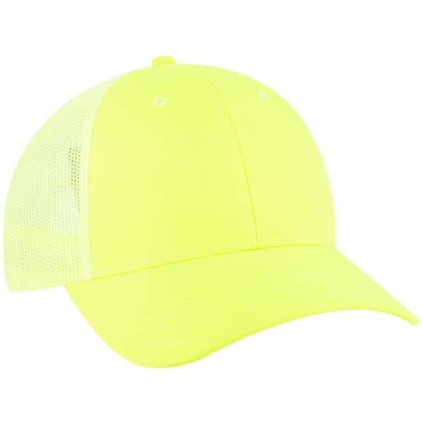 A bright yellow, six-panel low profile trucker cap with mesh sides and a curved brim.