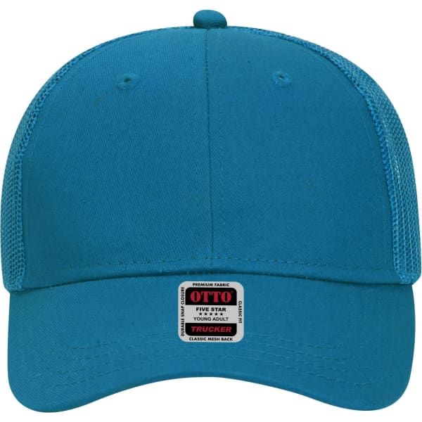 A teal six-panel low profile trucker cap with mesh sides and a branded label.