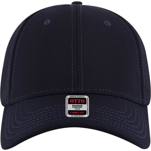A navy blue low profile baseball cap with a branded label, featuring six panels and contrasting stitching.