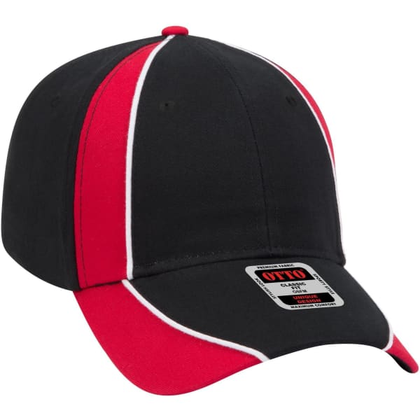 A black and red 6 panel low profile baseball cap with an adjustable strap and a logo on the front.