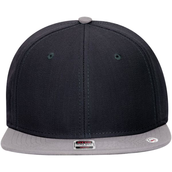 A mid-profile snapback cap in black with a grey undervisor and a branded label on the front.