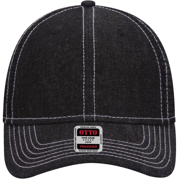 A black denim six-panel low profile trucker cap with contrasting white stitching and a logo tag on the brim.