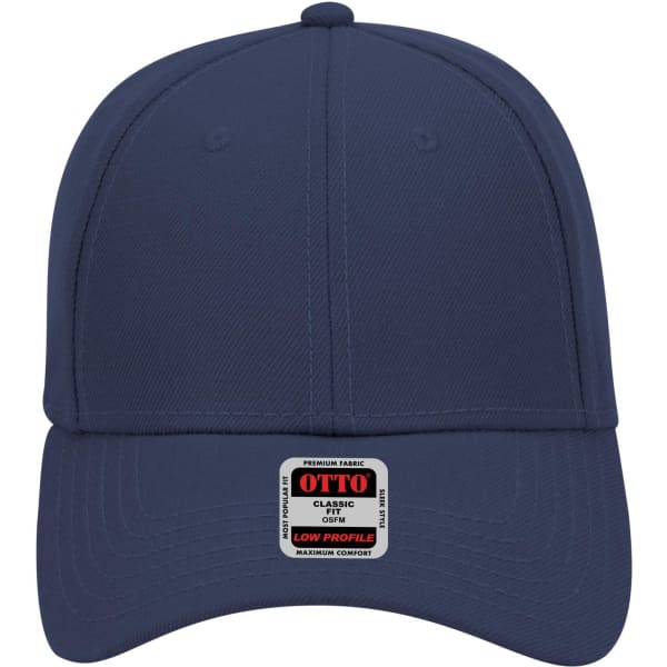 A navy blue 6-panel low profile baseball cap with a logo on the front.