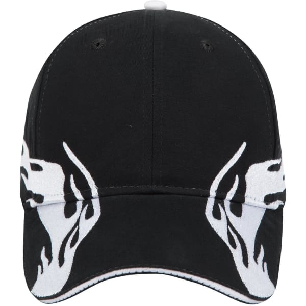 A black low profile baseball cap with white flame designs and a branded logo.
