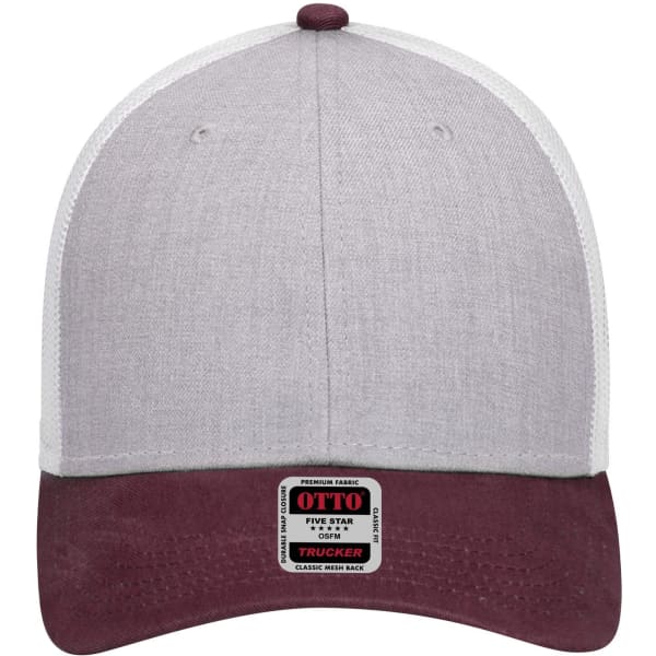 A low-profile trucker cap in grey and burgundy with a logo label on the front.