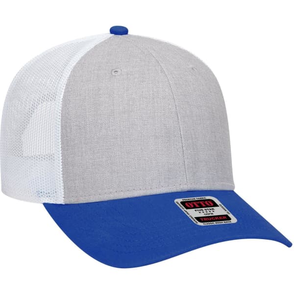 A grey and white trucker cap with a blue brim and plastic mesh back, featuring a logo on the front.