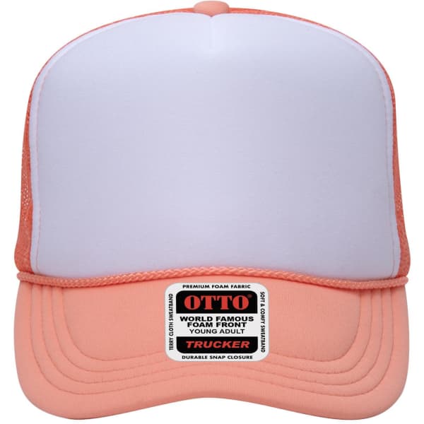 A 5 Panel High Crown Trucker Cap in peach and white, featuring a branded logo on the front.