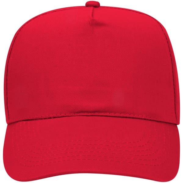 A red 5 panel mid profile baseball cap with a structured design and a flat brim. Features a logo on the front.