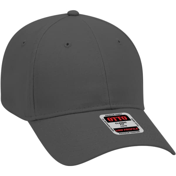 A grey 6 panel low profile baseball cap featuring a branded tag.