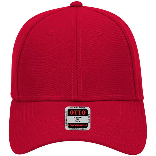 A red 6-panel low profile baseball cap with a branded tag on the front.