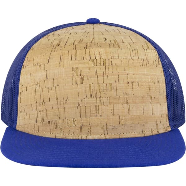 A 5-panel pro style trucker cap with a cork front and blue mesh sides and brim. Features a logo on the front.
