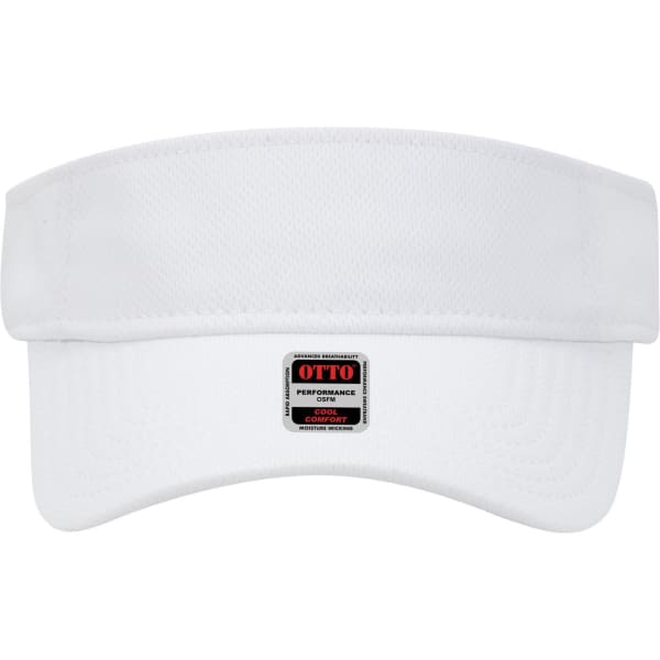 A white sun visor with a rectangular logo on the front. The visor features a wide brim for sun protection.