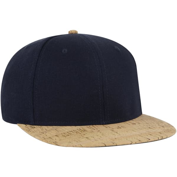 A navy cap with a cork-brimmed peak, featuring a flat design and a logo on the front.