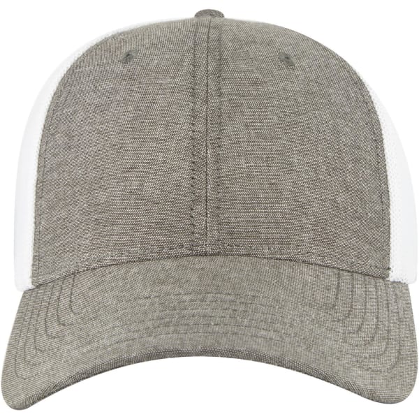 A low profile baseball cap featuring a grey fabric front and white mesh back, complete with a logo.