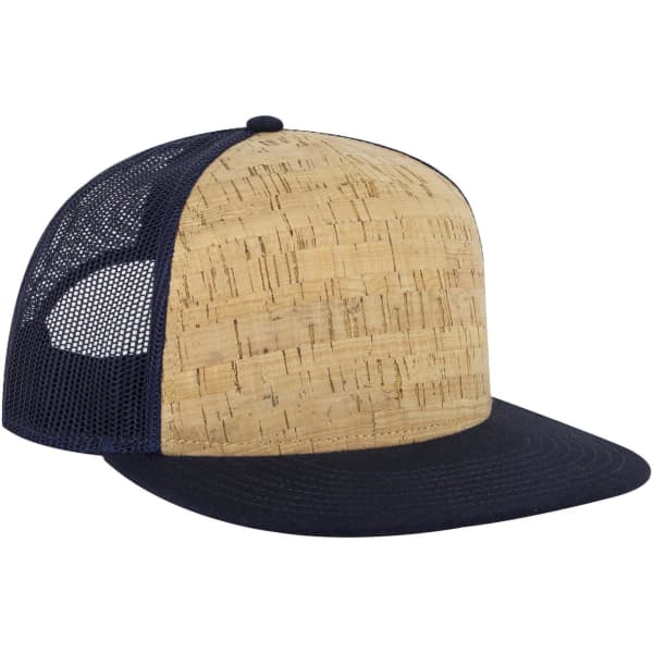 A 5 panel pro style trucker cap featuring a cork front and navy mesh sides. It has a solid navy brim and a logo.