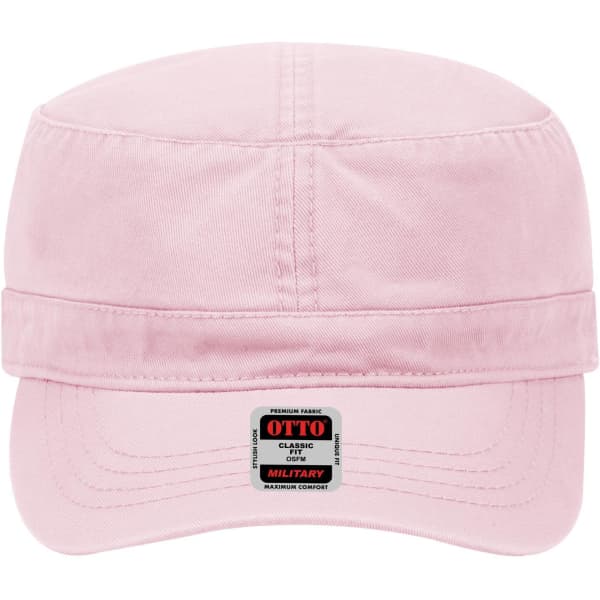 A pink military-style hat with a foldable brim and a logo on the front.