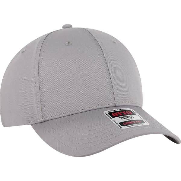 A grey low-profile baseball cap featuring six panels and a logo on the side.