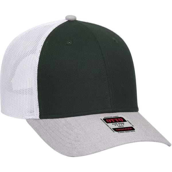 A green and white 6 Panel Low Profile Trucker Cap with a grey peak and a logo on the front.