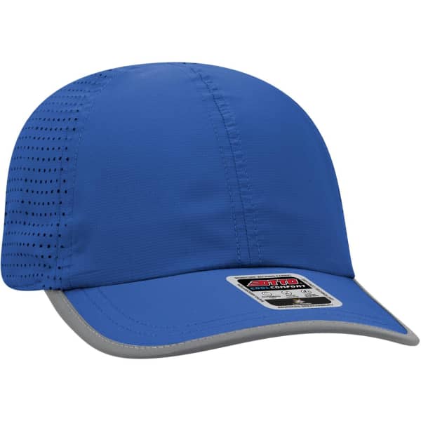 A blue reflective six-panel running cap featuring a grey brim and ventilation holes for breathability.