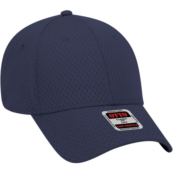 A navy 6 panel low profile baseball cap with a textured design and a logo label on the front.