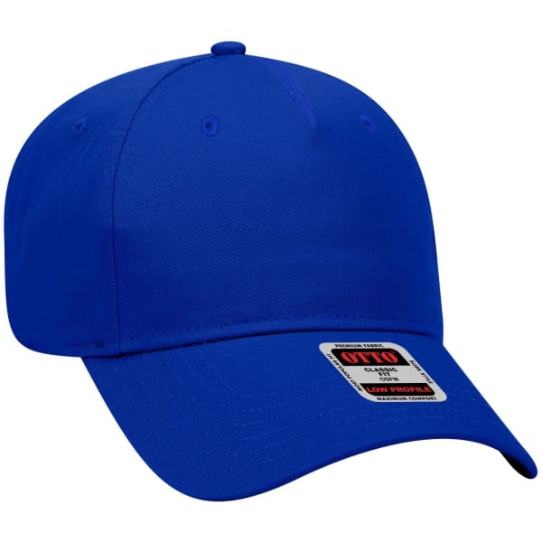 A blue 5 panel low profile baseball cap with a logo on the front.