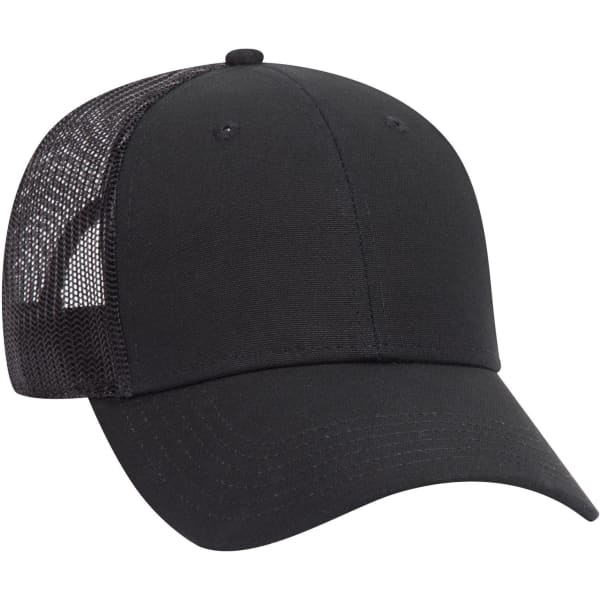 A black 6 panel low profile trucker cap with a mesh back and a logo on the front.