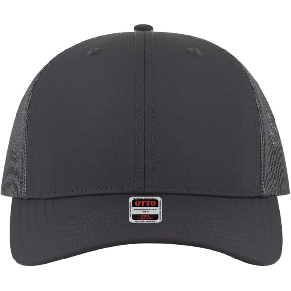 A mid profile trucker cap in grey with a mesh back and a small logo at the front.