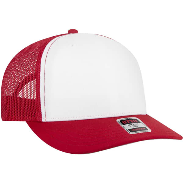 A red and white trucker cap with a mesh back and a branded label on the front.