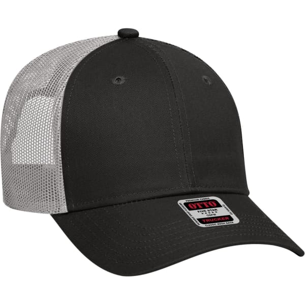 A black and grey 6 panel low profile trucker cap with a mesh back and logo on the front.