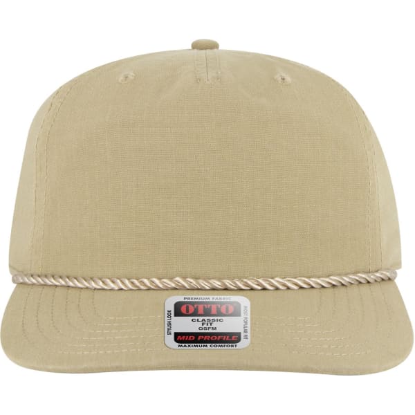 A beige 5 Panel Mid Profile Baseball Hat with a decorative rope detailing and a logo on the front.