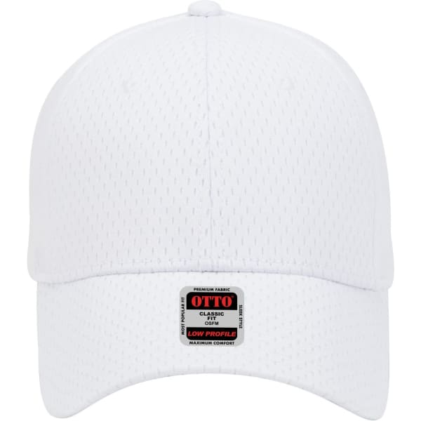 A white 6 panel low profile baseball cap with mesh fabric and a label on the front.
