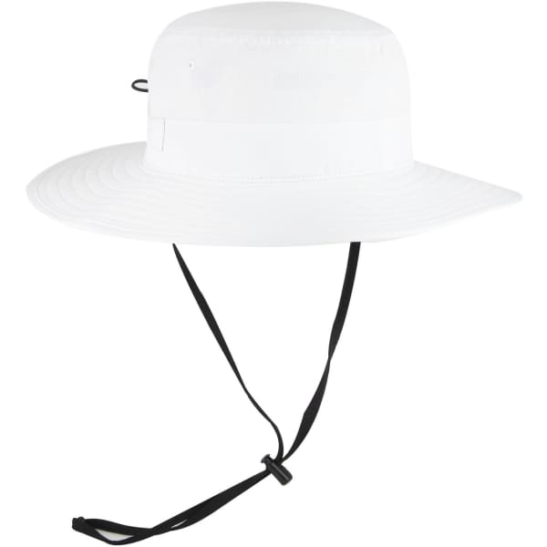 A white polyester pongee boonie hat with a wide brim and a chin strap. It features a branding logo.