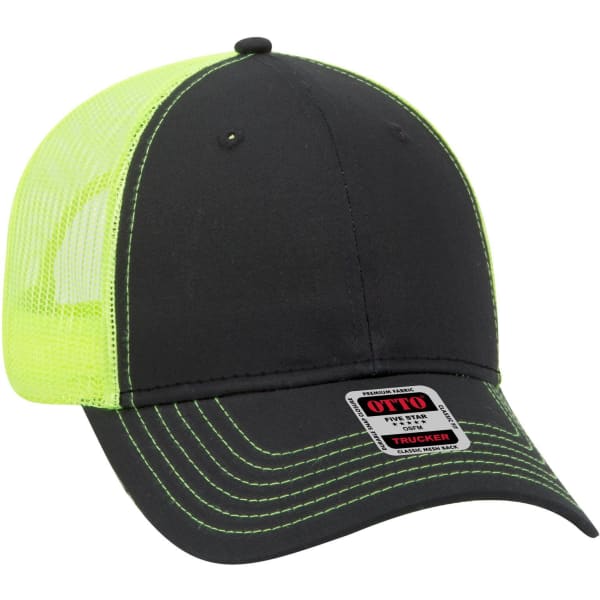 A black and neon green 6 panel low profile trucker cap with a mesh back and a logo badge on the front.