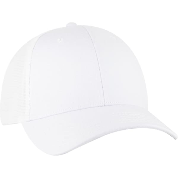 A white Flex Fit 6 Panel Low Profile Trucker Cap with a mesh back and a curved brim. Features a logo on the front.