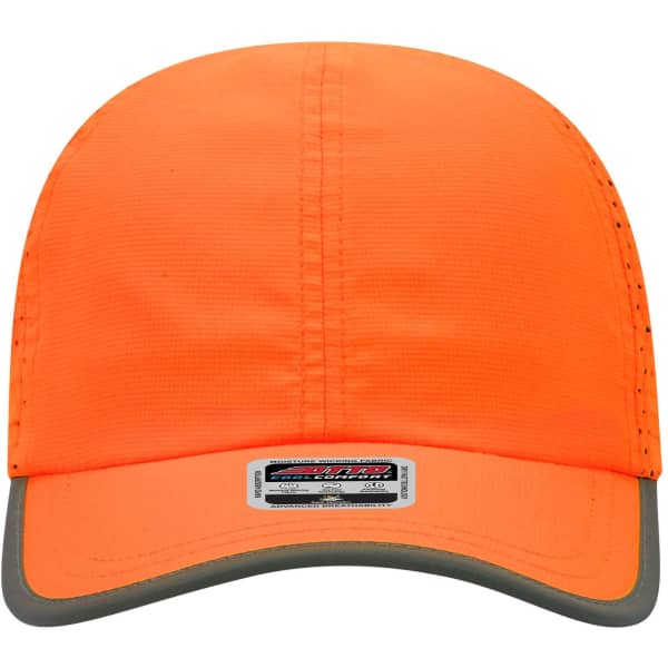 A reflective six-panel running cap in bright orange with a grey underside to the brim and a logo on the label.