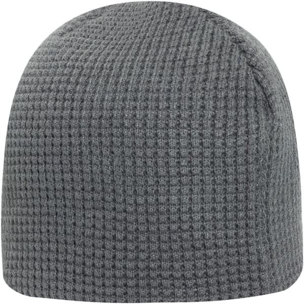 A grey waffle rib knit beanie with a rounded top and no visible branding.