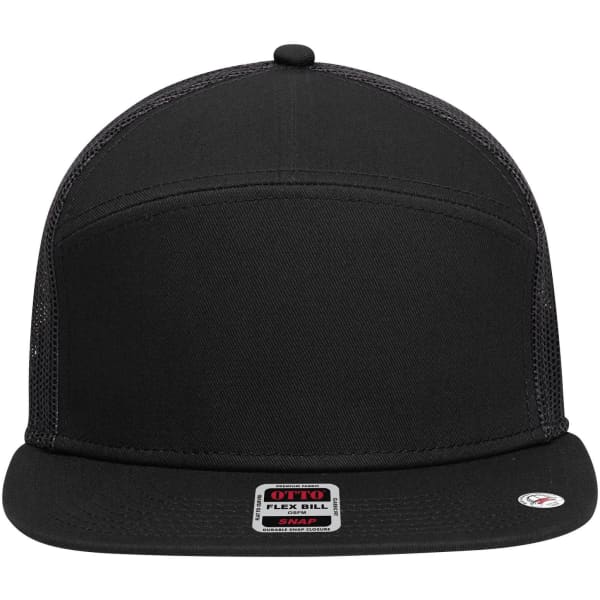 A black 7 panel trucker cap featuring a solid front and mesh back, with a logo on the front.