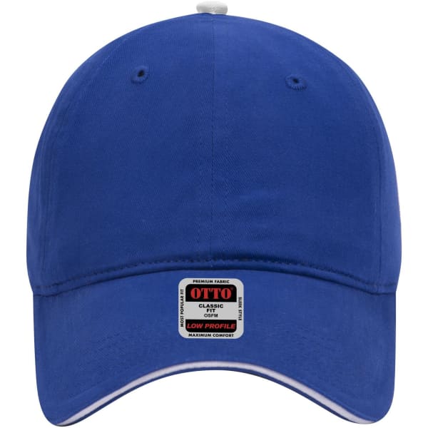 A blue 6-panel low profile baseball cap with a logo on the front.