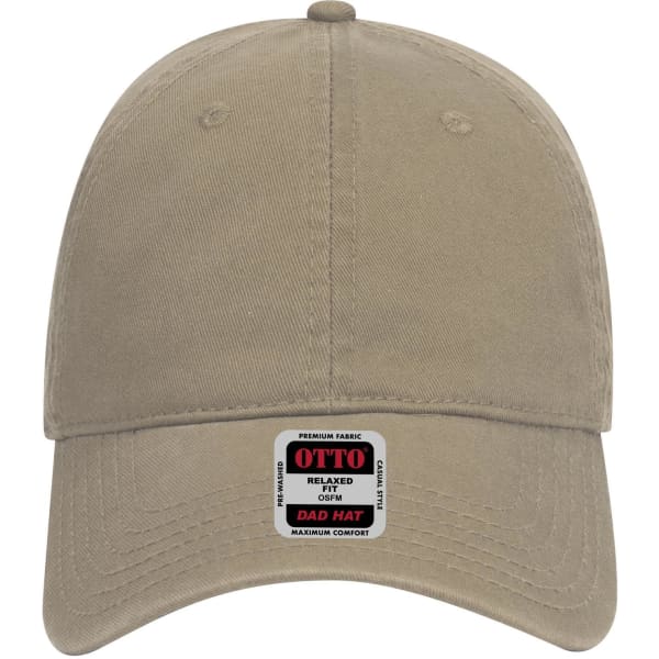 A beige 6 panel low profile dad cap with a logo and a curved brim. Features a relaxed fit design.