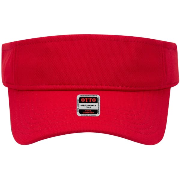 A red sun visor with a wide brim and a performance label on the front. It features a mesh design for ventilation.