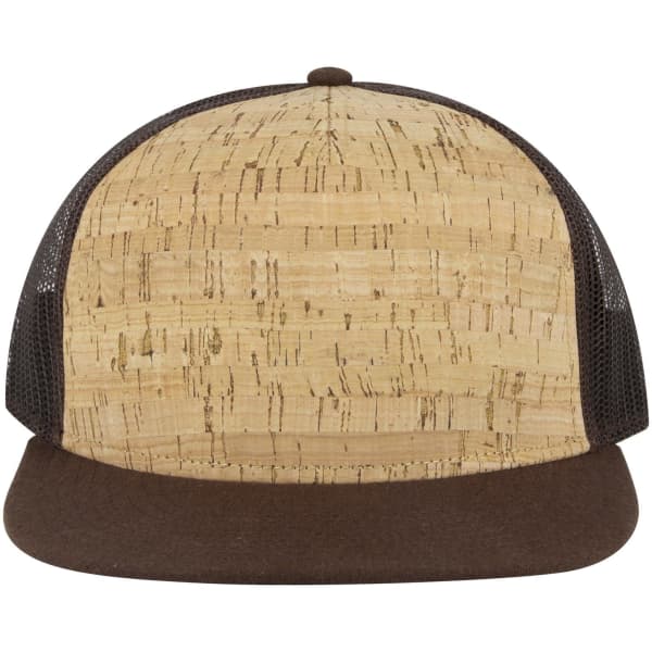 A 5 panel pro style trucker cap featuring a cork pattern with brown accents and mesh sides.