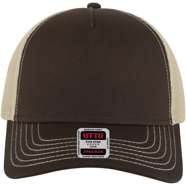 A brown 5 panel low profile trucker cap with beige mesh at the back and a logo on the front.
